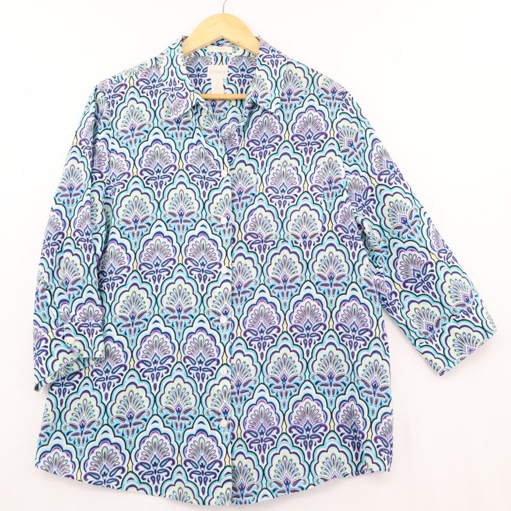 CHICOS Sz 2 (US L) No Iron Linen Blouse Top 3/4 Sleeve Purple Blue Green Womens